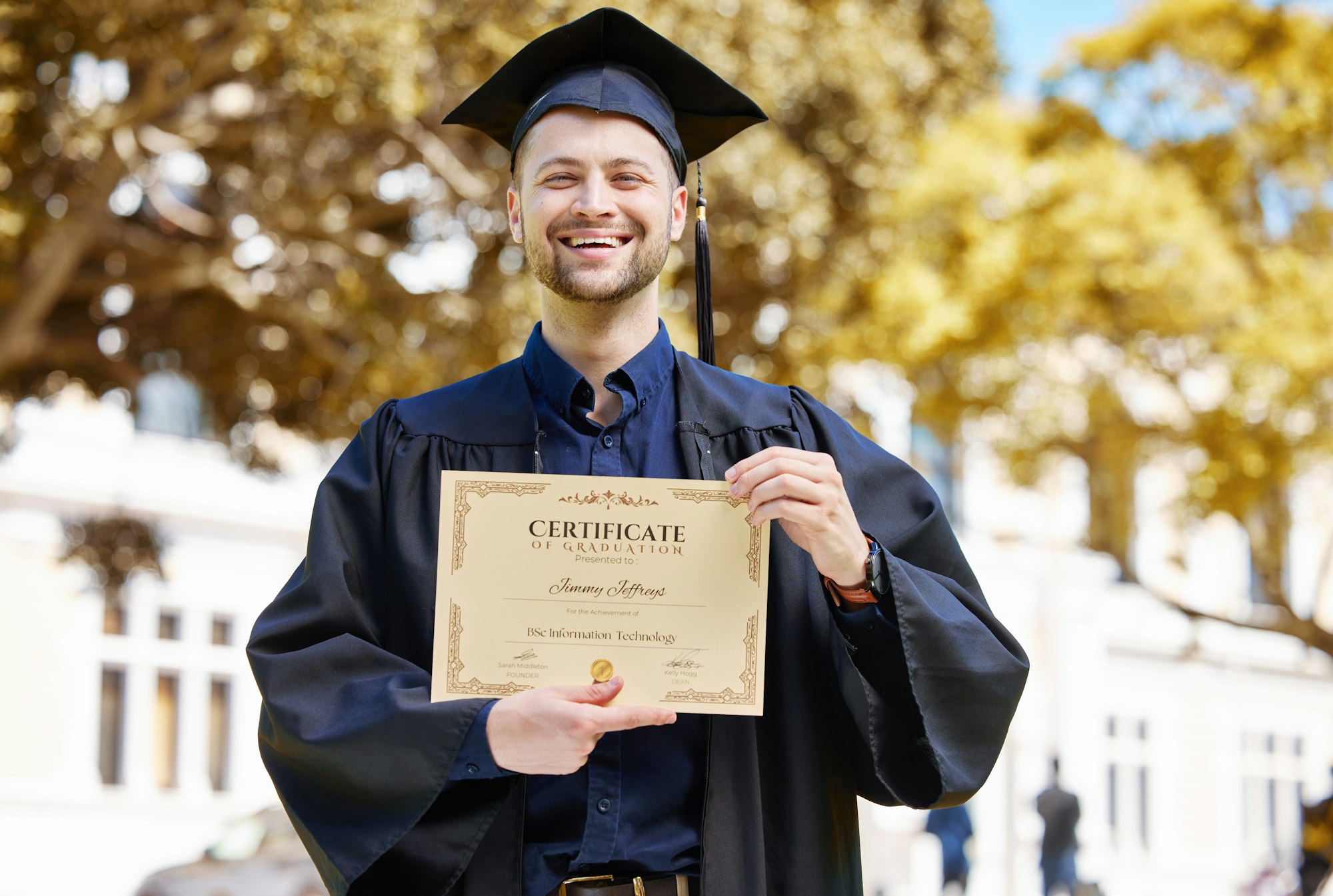 Portrait, graduate and holding certificate with man in with outdoor with pride for achievement. Dip